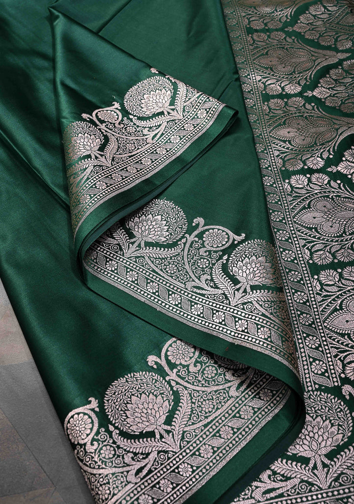 Jungle Green Banarasi Semi Silk Saree with Floral Zari Border