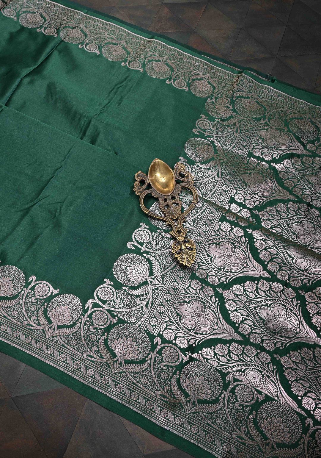 Jungle Green Banarasi Semi Silk Saree with Floral Zari Border
