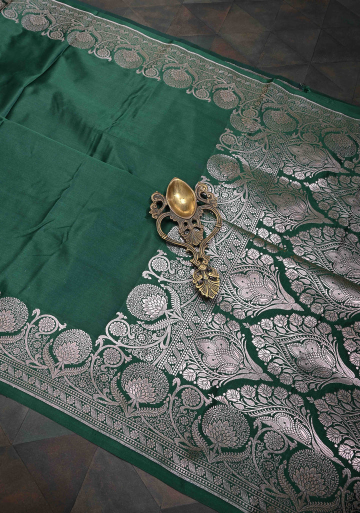 Jungle Green Banarasi Semi Silk Saree with Floral Zari Border