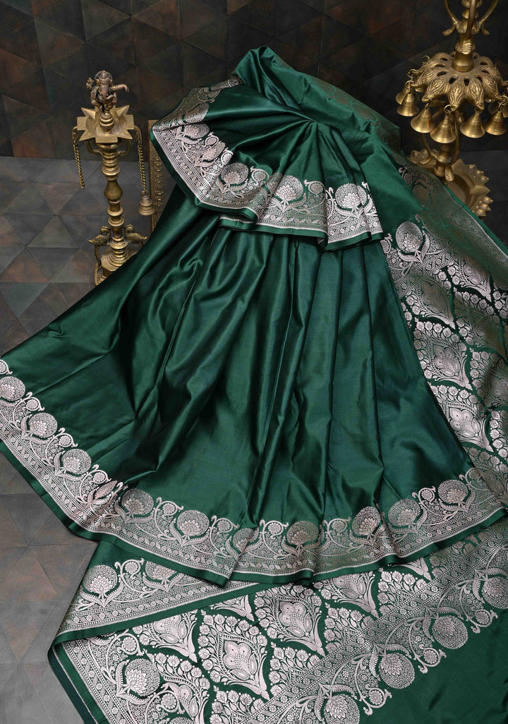 Jungle Green Banarasi Semi Silk Saree with Floral Zari Border