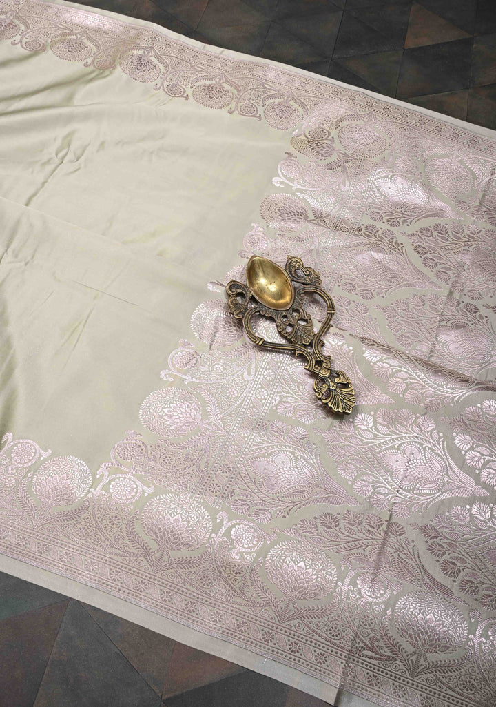 Pastel Gray Banarasi Semi Silk Saree With Floral Zari Border