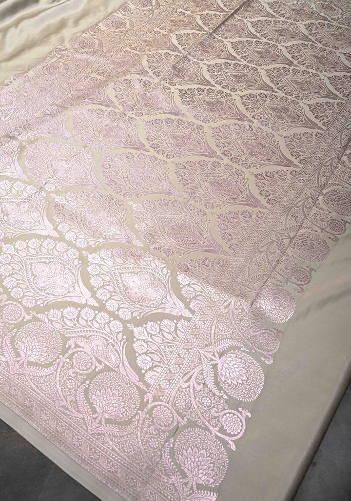 Pastel Gray Banarasi Semi Silk Saree With Floral Zari Border