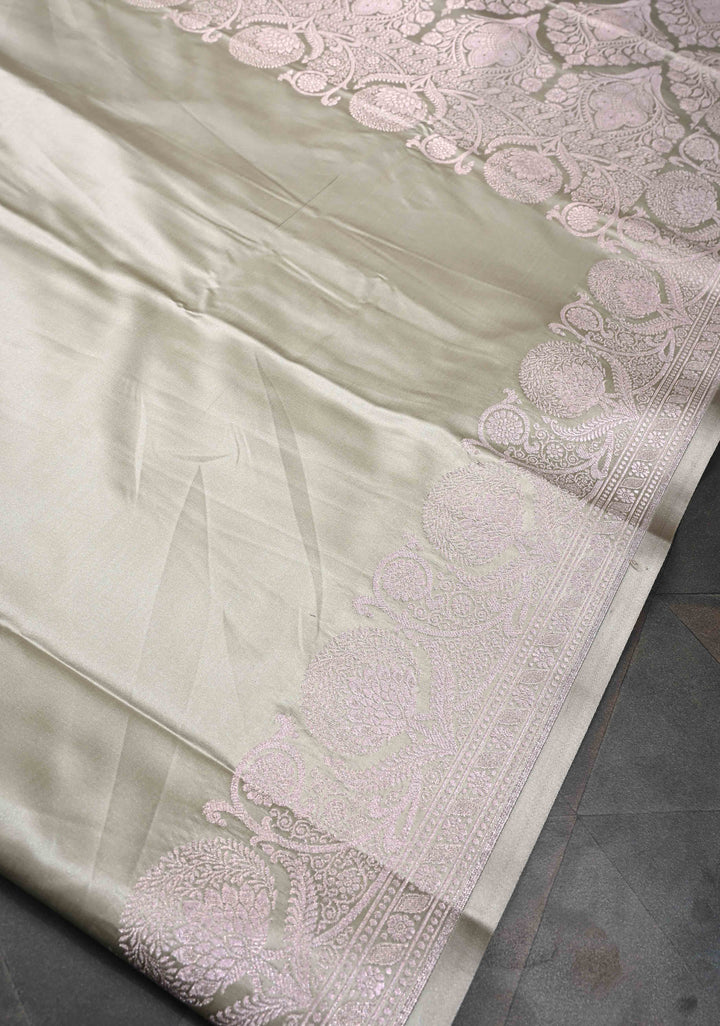 Pastel Gray Banarasi Semi Silk Saree With Floral Zari Border