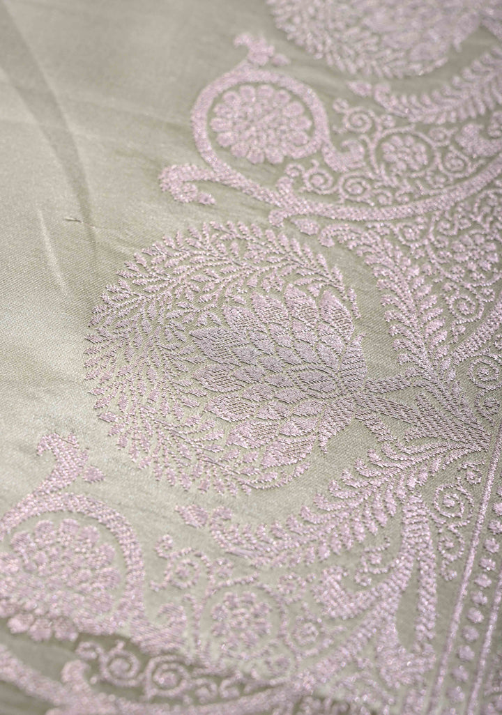 Pastel Gray Banarasi Semi Silk Saree With Floral Zari Border
