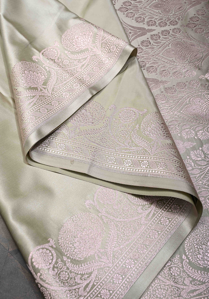 Pastel Gray Banarasi Semi Silk Saree With Floral Zari Border