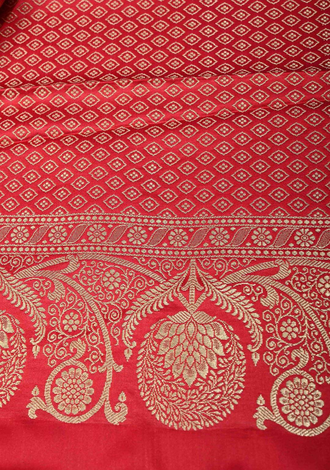 Pinkish Red Banarasi Semi Silk Saree With Floral Zari Border