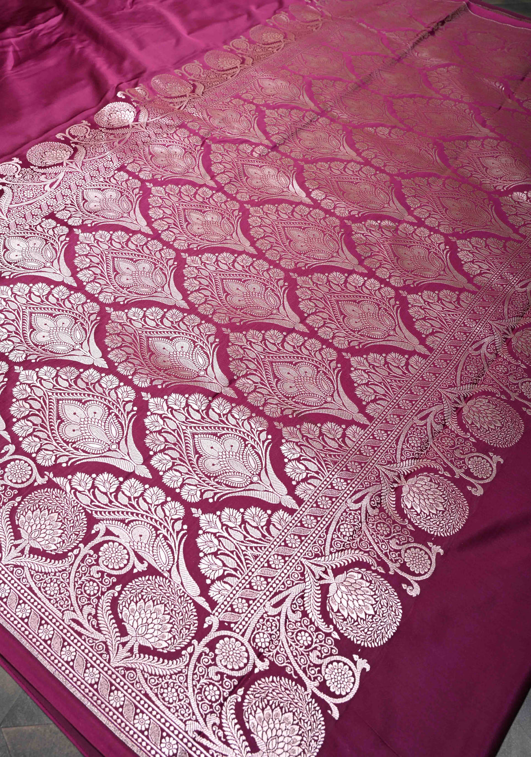Tyrian Purple Banarasi Mashru Silk Saree With Floral Zari Border | SILK MARK CERTIFIED