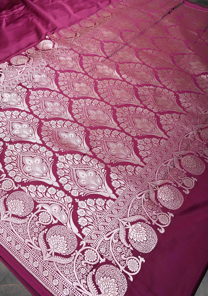 Tyrian Purple Banarasi Mashru Silk Saree With Floral Zari Border | SILK MARK CERTIFIED