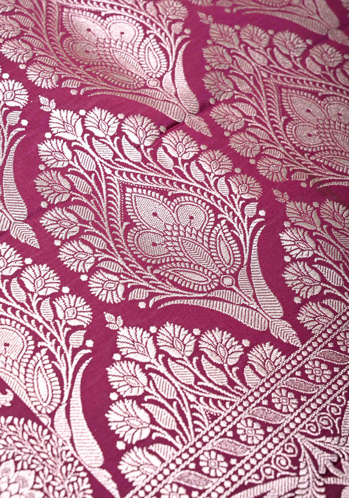 Tyrian Purple Banarasi Mashru Silk Saree With Floral Zari Border | SILK MARK CERTIFIED