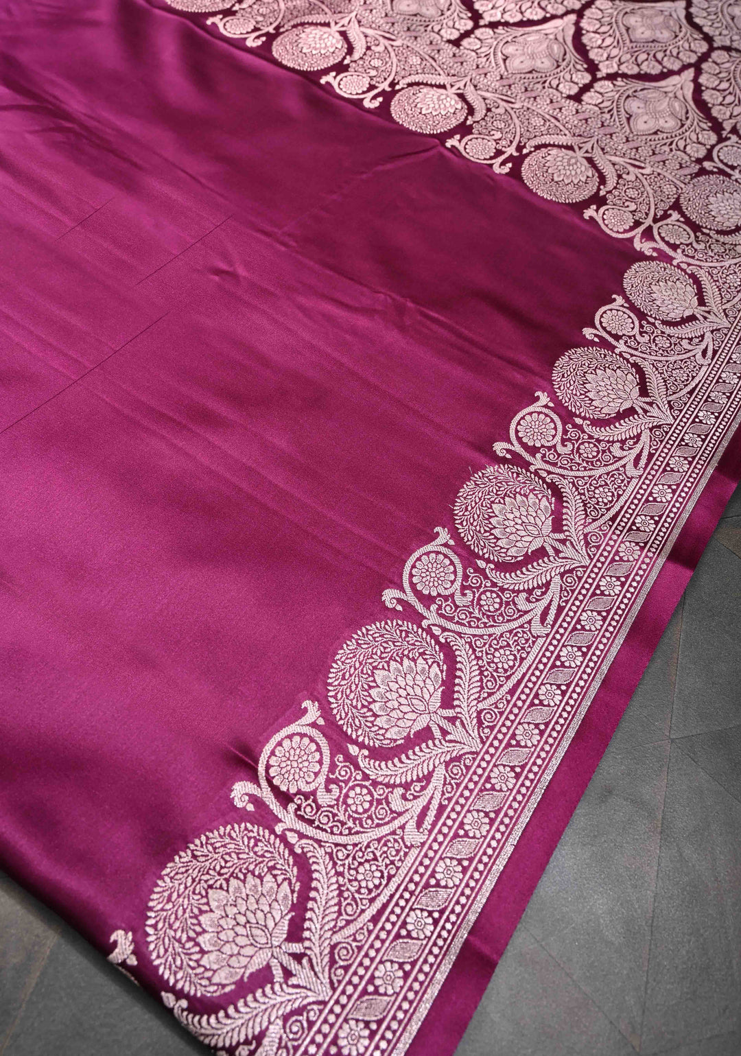 Tyrian Purple Banarasi Mashru Silk Saree With Floral Zari Border | SILK MARK CERTIFIED