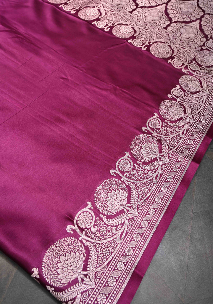 Tyrian Purple Banarasi Mashru Silk Saree With Floral Zari Border | SILK MARK CERTIFIED