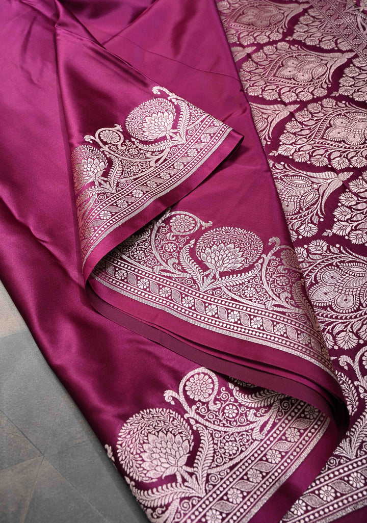 Tyrian Purple Banarasi Mashru Silk Saree With Floral Zari Border | SILK MARK CERTIFIED