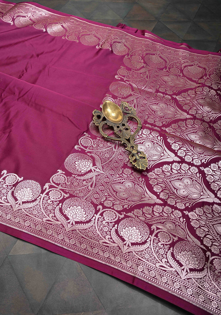 Tyrian Purple Banarasi Mashru Silk Saree With Floral Zari Border | SILK MARK CERTIFIED
