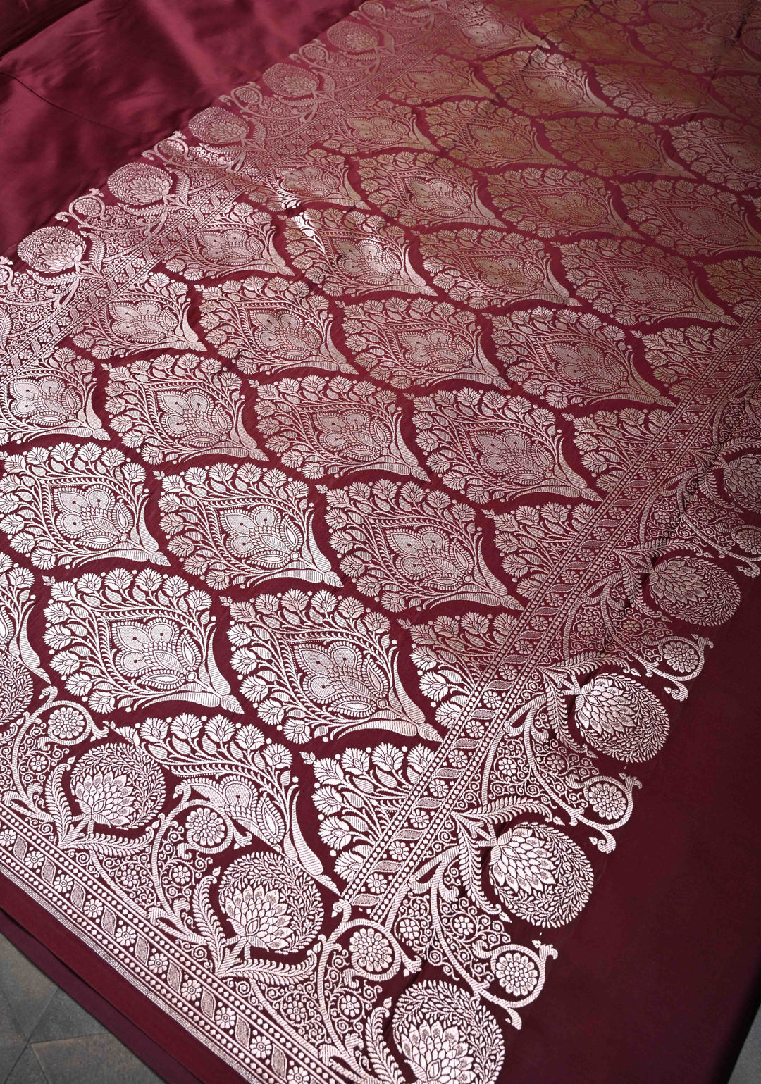 Maroon Banarasi Mashru Silk Saree with Scallop Zari Border | SILK MARK CERTIFIED