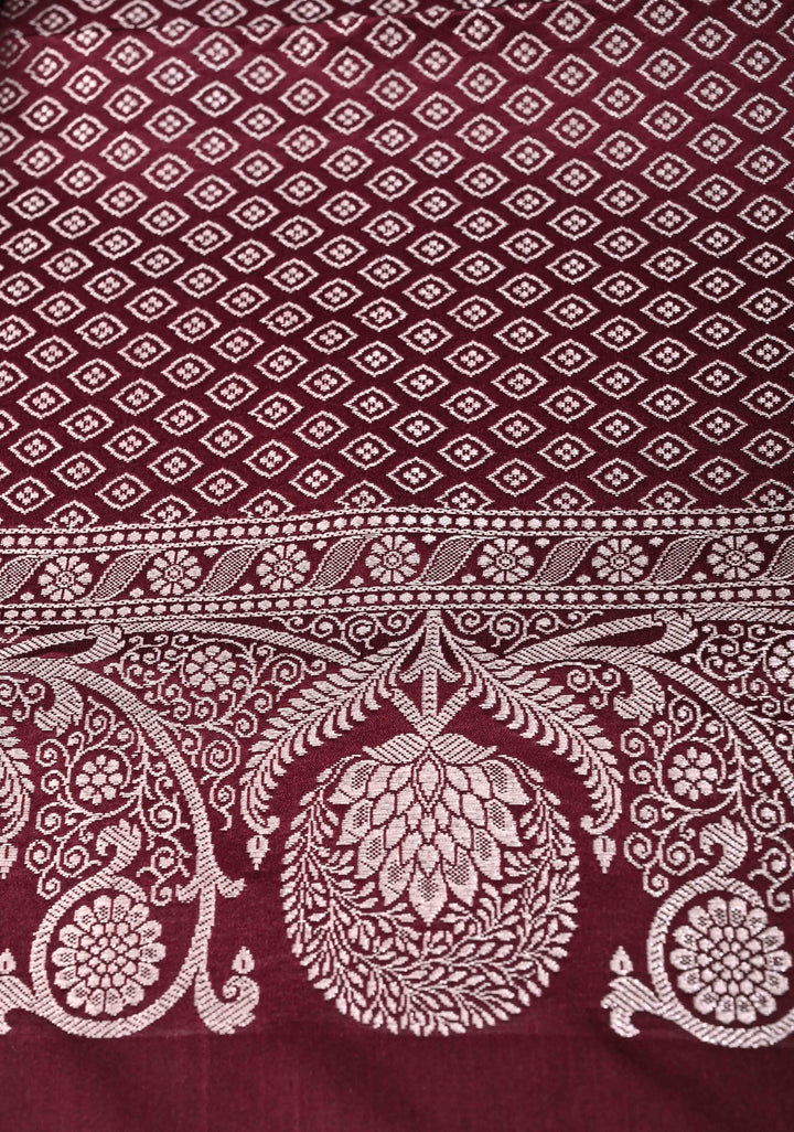 Maroon Banarasi Mashru Silk Saree with Scallop Zari Border | SILK MARK CERTIFIED