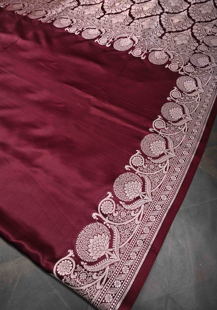 Maroon Banarasi Mashru Silk Saree with Scallop Zari Border | SILK MARK CERTIFIED