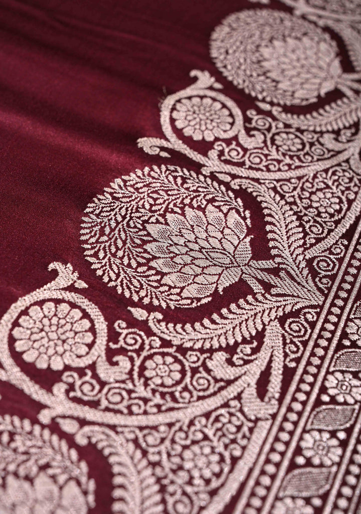 Maroon Banarasi Mashru Silk Saree with Scallop Zari Border | SILK MARK CERTIFIED