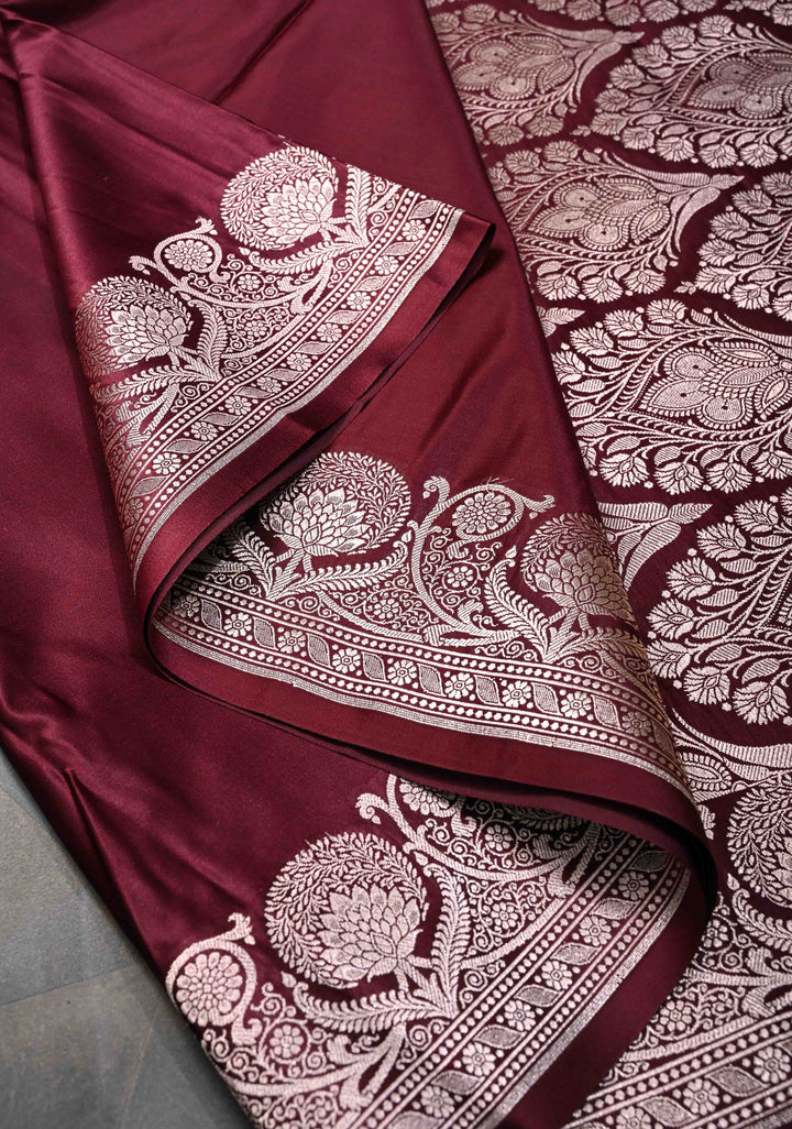 Maroon Banarasi Mashru Silk Saree with Scallop Zari Border | SILK MARK CERTIFIED