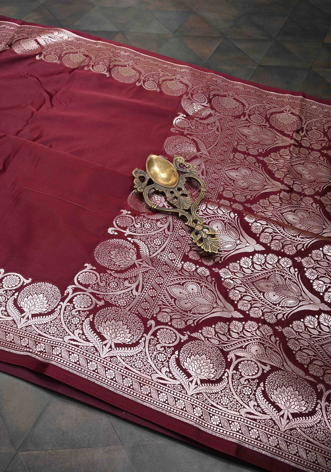Maroon Banarasi Mashru Silk Saree with Scallop Zari Border | SILK MARK CERTIFIED