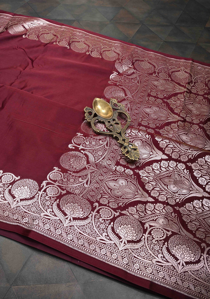 Maroon Banarasi Mashru Silk Saree with Scallop Zari Border | SILK MARK CERTIFIED