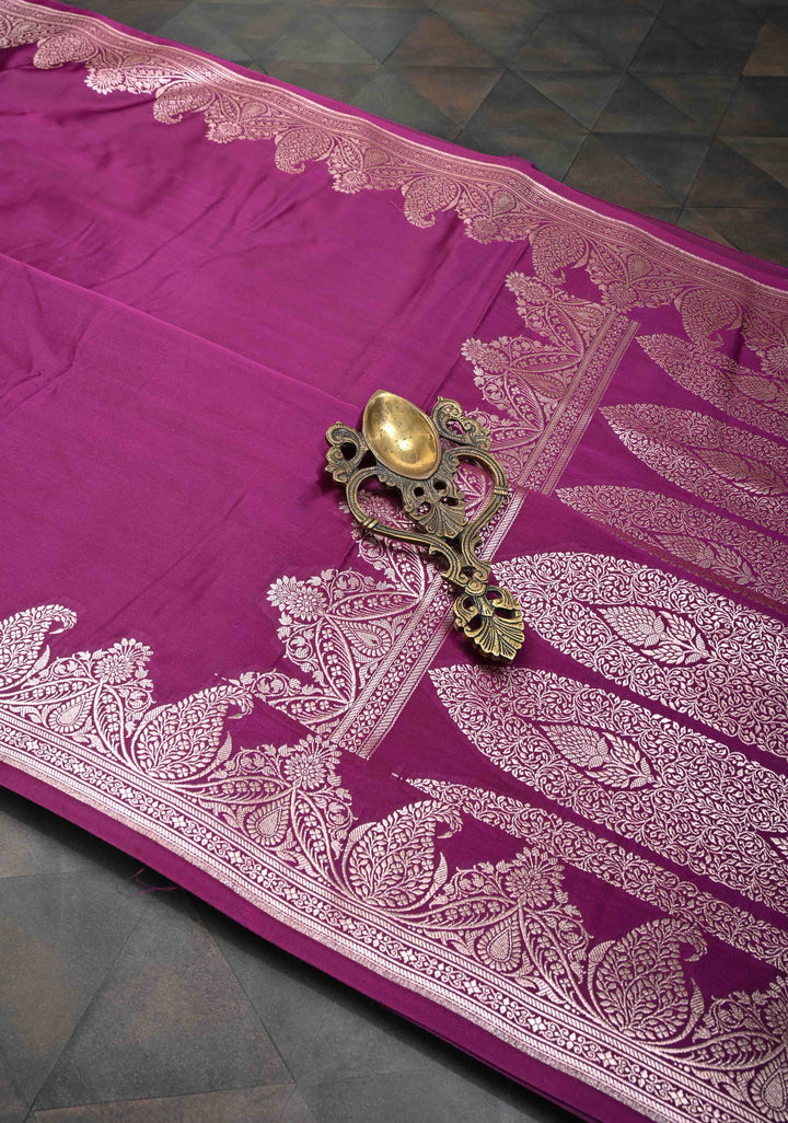 Tyrian Purple Banarasi Semi Mashru silk Saree With Paisley Zari Border