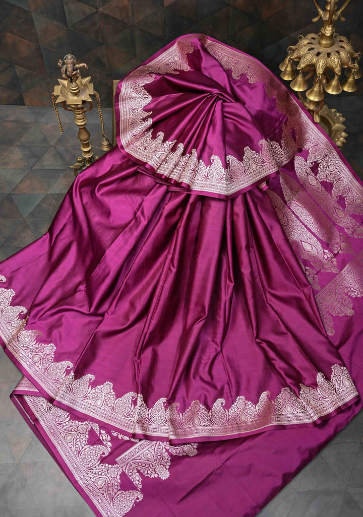 Tyrian Purple Banarasi Semi Mashru silk Saree With Paisley Zari Border