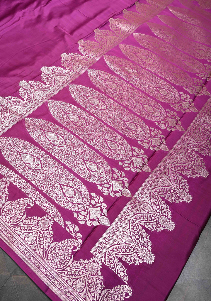 Tyrian Purple Banarasi Semi Mashru silk Saree With Paisley Zari Border