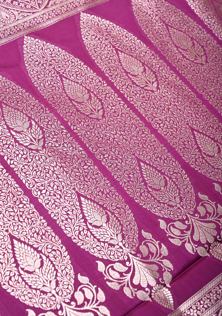 Tyrian Purple Banarasi Semi Mashru silk Saree With Paisley Zari Border