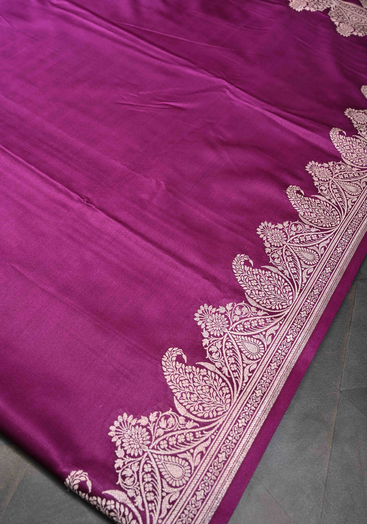Tyrian Purple Banarasi Semi Mashru silk Saree With Paisley Zari Border