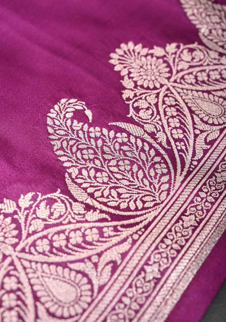 Tyrian Purple Banarasi Semi Mashru silk Saree With Paisley Zari Border