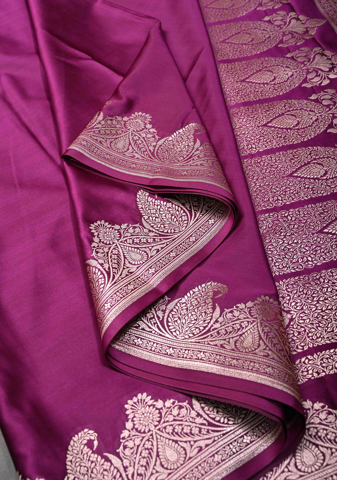 Tyrian Purple Banarasi Semi Mashru silk Saree With Paisley Zari Border