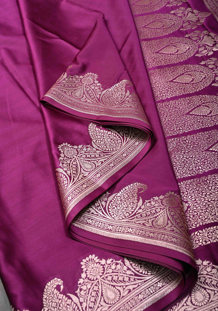 Tyrian Purple Banarasi Semi Mashru silk Saree With Paisley Zari Border
