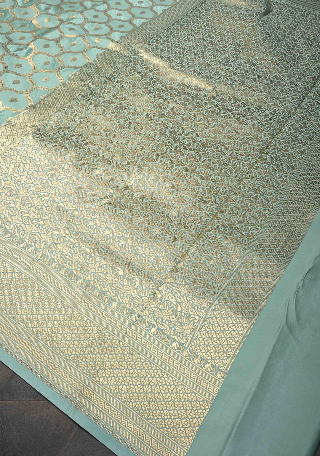 Mint Green Shade Banarasi Semi Silk Saree With Moroccan Trellis Pattern With Zari Border