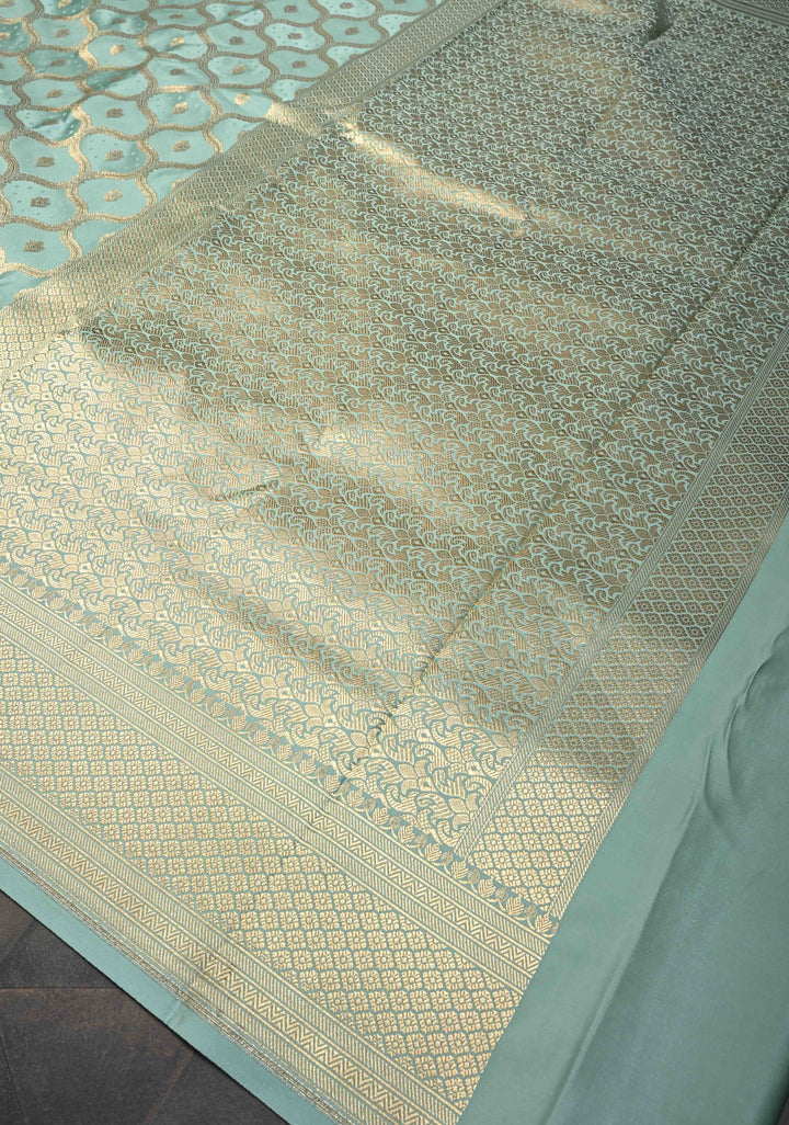 Mint Green Shade Banarasi Semi Silk Saree With Moroccan Trellis Pattern With Zari Border