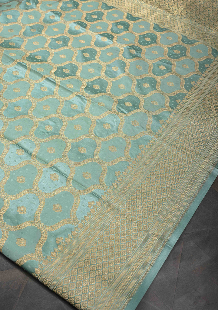 Mint Green Shade Banarasi Semi Silk Saree With Moroccan Trellis Pattern With Zari Border