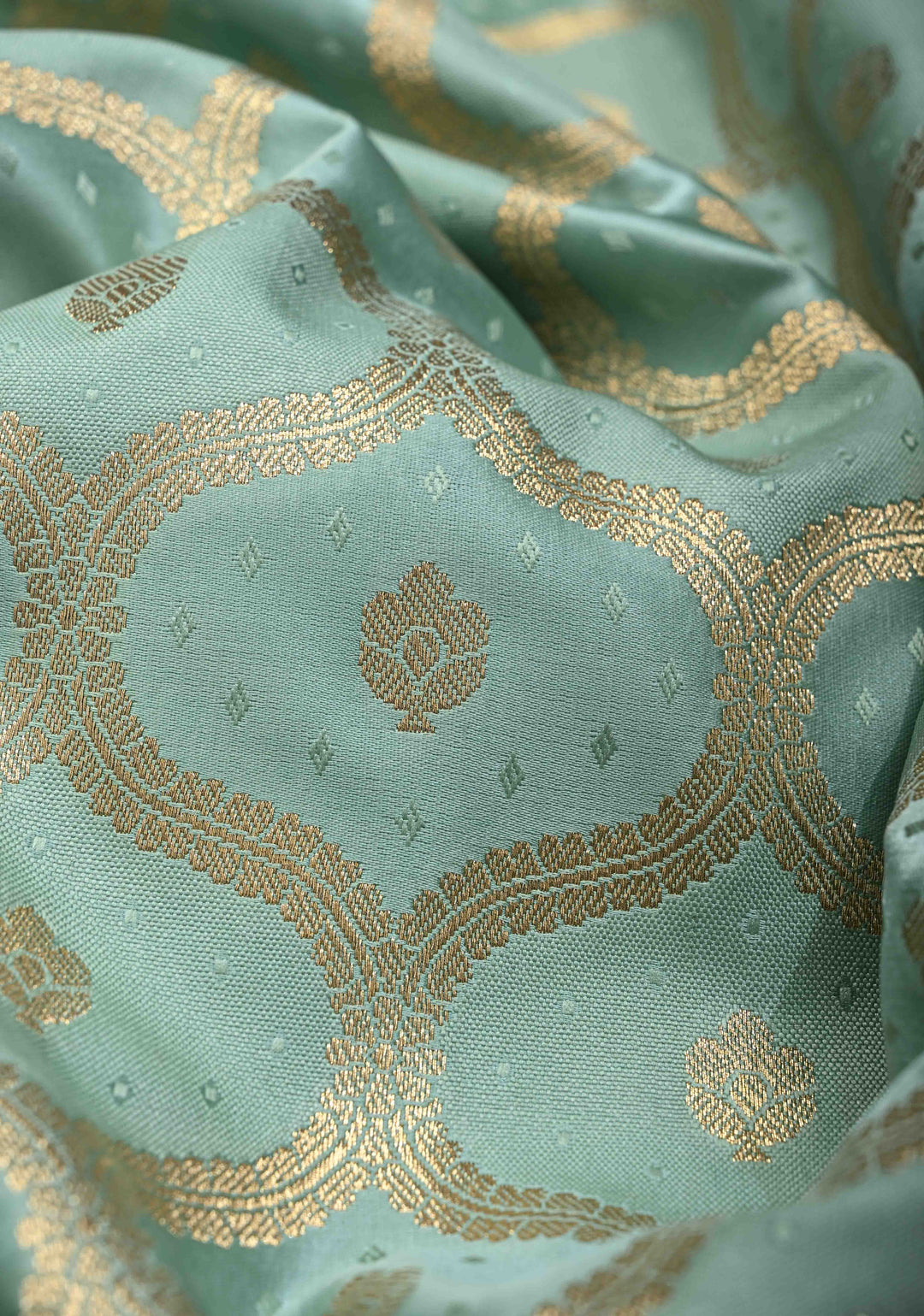 Mint Green Shade Banarasi Semi Silk Saree With Moroccan Trellis Pattern With Zari Border