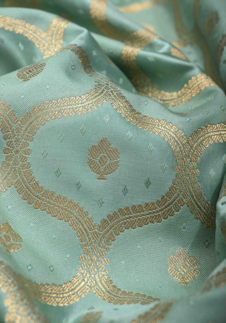 Mint Green Shade Banarasi Semi Silk Saree With Moroccan Trellis Pattern With Zari Border
