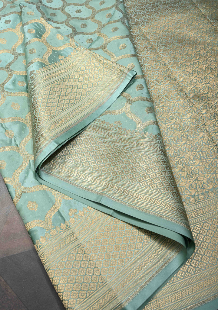 Mint Green Shade Banarasi Semi Silk Saree With Moroccan Trellis Pattern With Zari Border