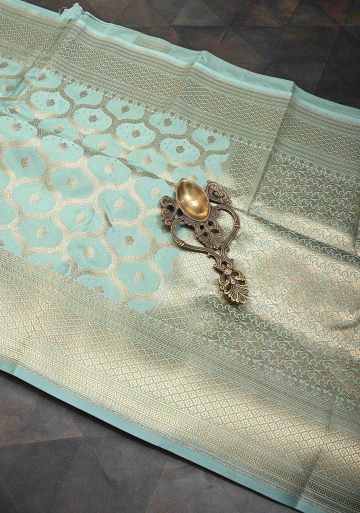 Mint Green Shade Banarasi Semi Silk Saree With Moroccan Trellis Pattern With Zari Border