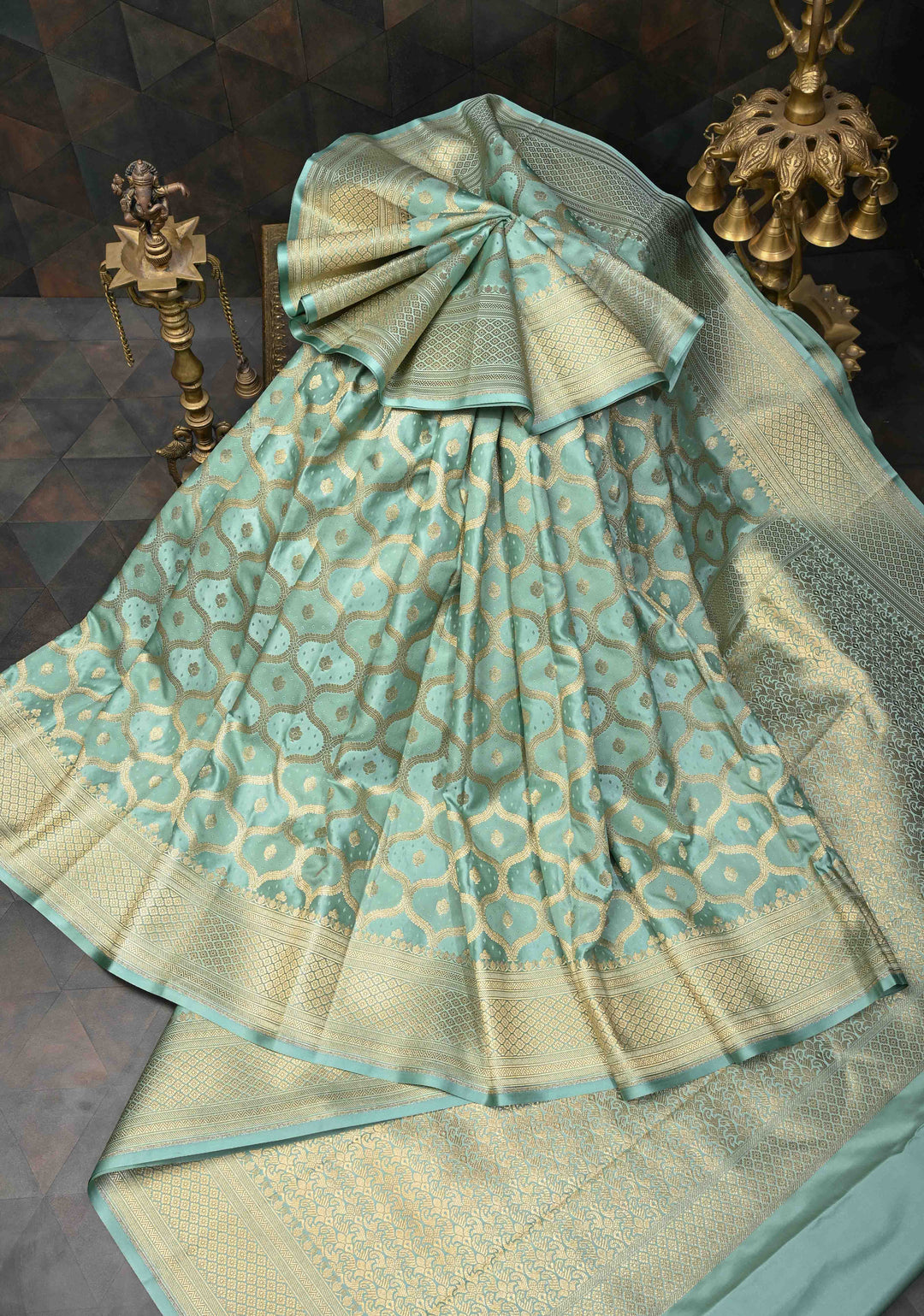 Mint Green Shade Banarasi Semi Silk Saree With Moroccan Trellis Pattern With Zari Border