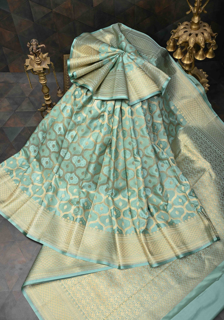 Mint Green Shade Banarasi Semi Silk Saree With Moroccan Trellis Pattern With Zari Border