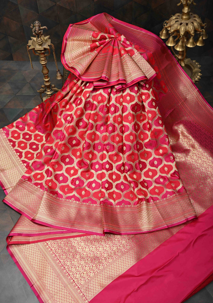 Exquisite Fuchsia and Red Banarasi Semi Silk Saree with Moroccan Trellis Design and Zari Border