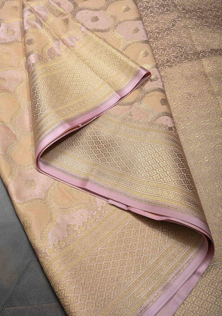Exquisite Blush Pink Banarasi Semi Silk Saree with Trellis Design and Zari Border