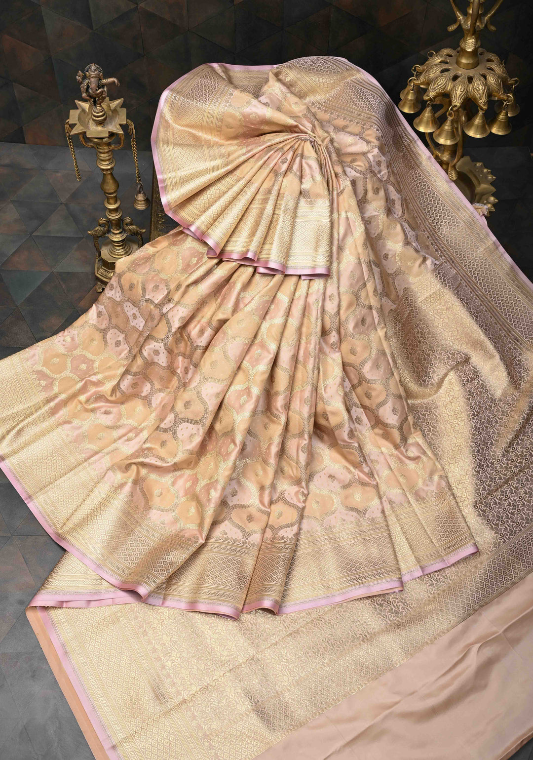 Exquisite Blush Pink Banarasi Semi Silk Saree with Trellis Design and Zari Border