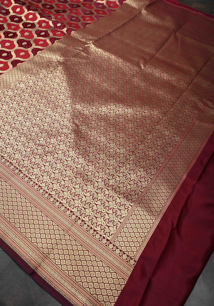 Dark Red and purple tone Exquisite Meenakari Moroccan Design Semi Silk Saree and zari border
