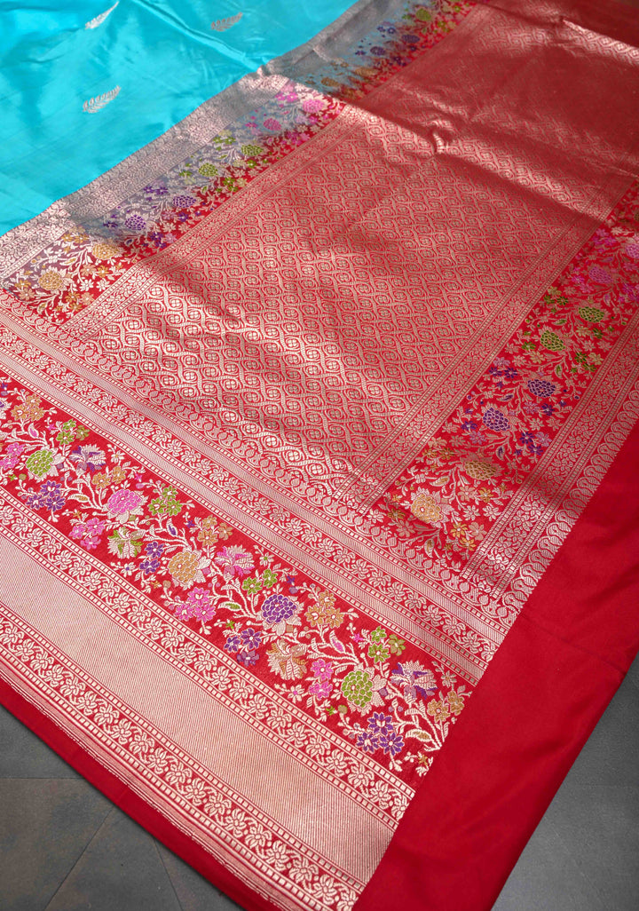 Bright Turquoise Banarasi Katan Silk Saree with Zari Butta And Meenakari Zari Border | SILK MARK CERTIFIED