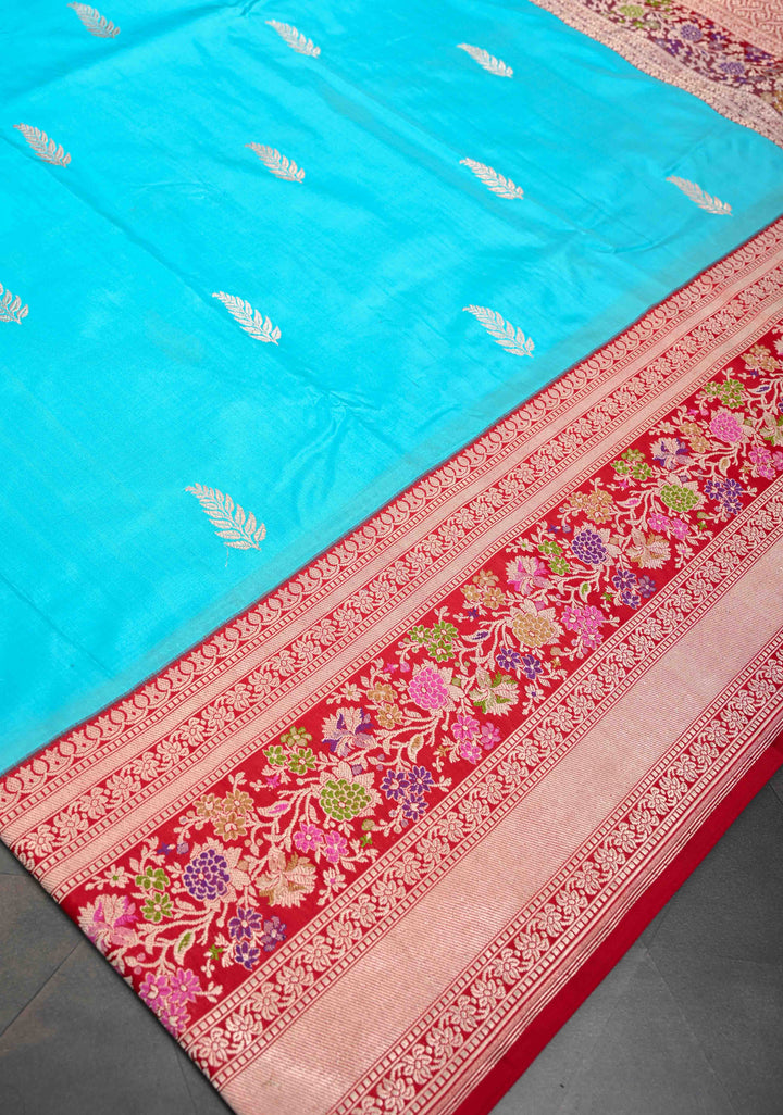 Bright Turquoise Banarasi Katan Silk Saree with Zari Butta And Meenakari Zari Border | SILK MARK CERTIFIED