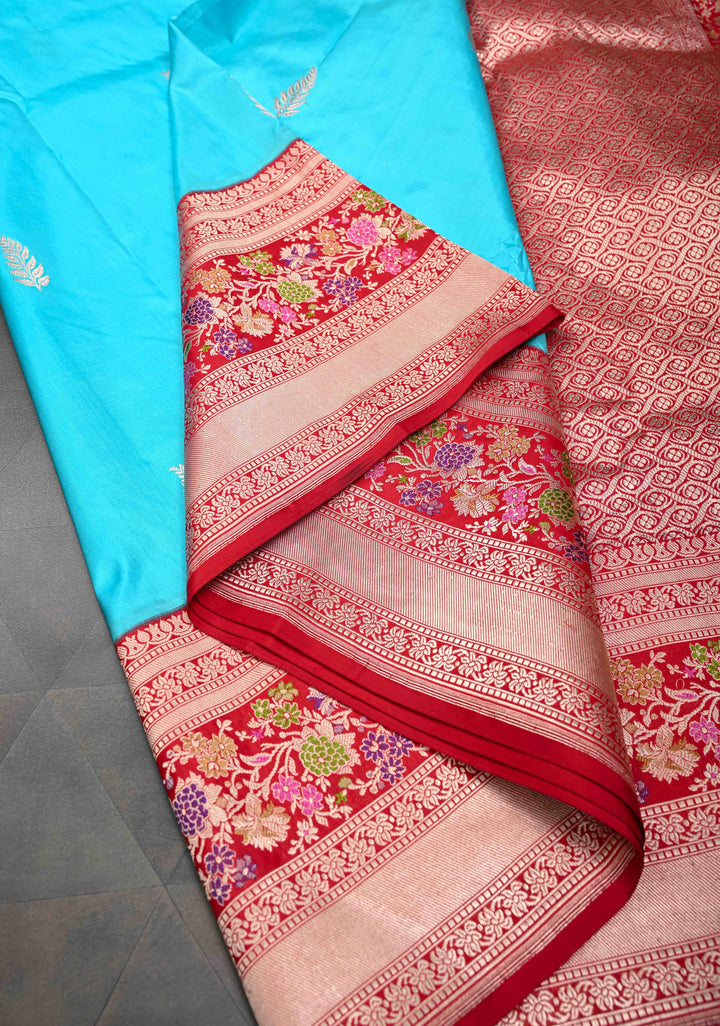 Bright Turquoise Banarasi Katan Silk Saree with Zari Butta And Meenakari Zari Border | SILK MARK CERTIFIED