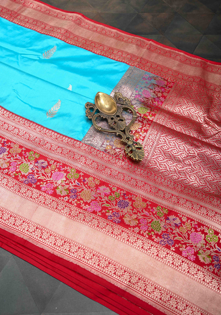 Bright Turquoise Banarasi Katan Silk Saree with Zari Butta And Meenakari Zari Border | SILK MARK CERTIFIED