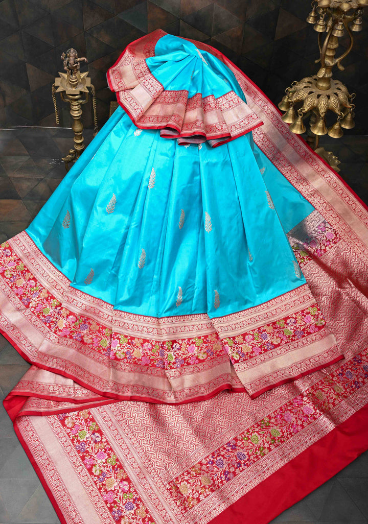 Bright Turquoise Banarasi Katan Silk Saree with Zari Butta And Meenakari Zari Border | SILK MARK CERTIFIED